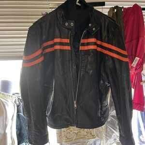 Authentic Unik Leather Apparel Black/Orange Stripe Motorcycle Jacket 44 Harley